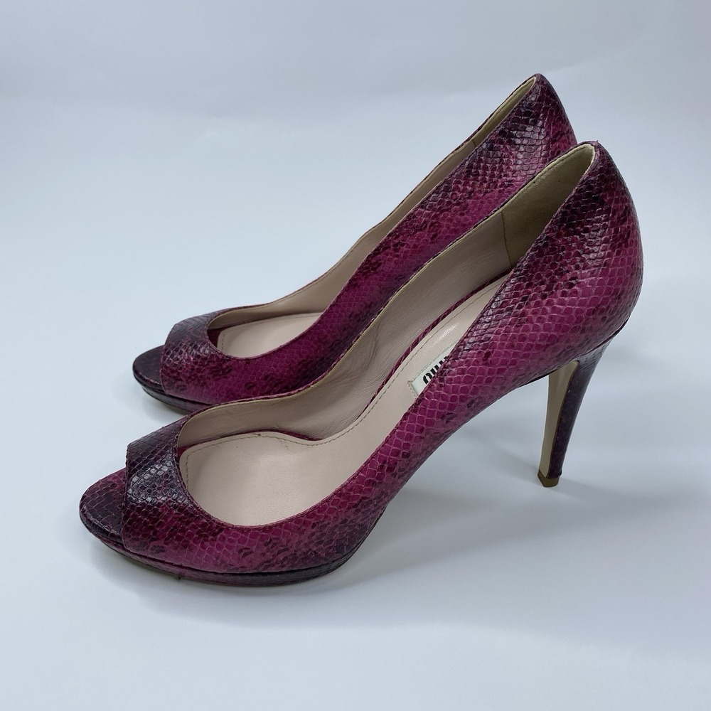 Miu Miu Phython Print Leather Open-toe Platforms Pumps Heel US 8.5 EU 39 Magenta